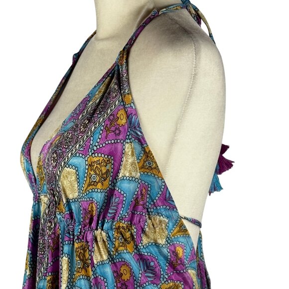 Like new! Free People Silk Boho Halter Maxi Dress – Open Back Tassel Ties Size S - Picture 11 of 12
